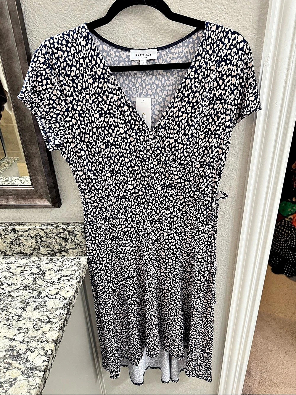 NWT GILLI Navy Pink Leopard Print Faux Wrap Dress Size M
